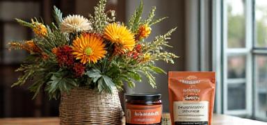 Housewarming gift with flowers and basket
